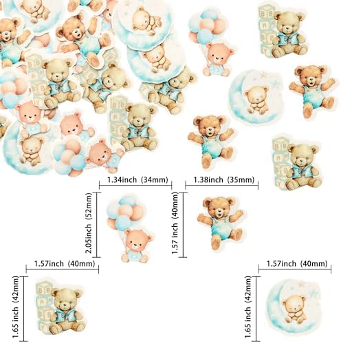 Gyufise 48Pcs Edible Baby Shower Bear Cupcake Toppers Wafer Paper Moon Baby Bear Baby Shower Cake Topper Decorations Jungle Animal Theme Birthday Party Cake Supplies Blue