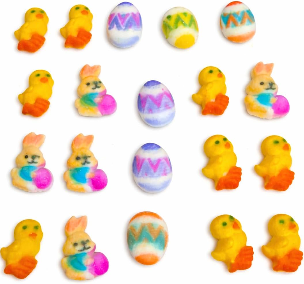 Mini Easter Animals Sugar Decoration Toppers - Bunnies, Chicks, & Eggs Edible Topper For Cakes, Cupcakes, Fruits, & More - 24ct