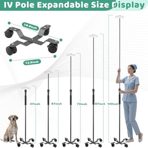 IV Pole with Wheels,47 to 100In Telescopic Infusion Stand Floor with 4 Hooks IV Bag Holder Stand Portable Feeding Pump Stand Frosted Pipe Extension Pole IV Influsion Pole (Gray)