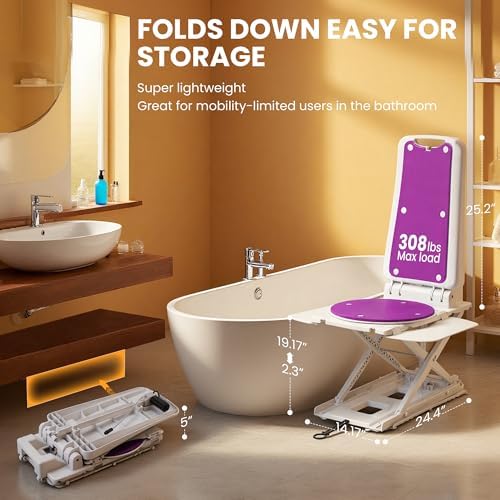 Portable Floor & Bath Lift ，Lightweight Foldable IP68 Waterproof Lift for Seniors，Electric Chair Lift, Remote Control Floor Lift with Padded Backseat, Bathtub Lift Elderly from Floor (Purple)