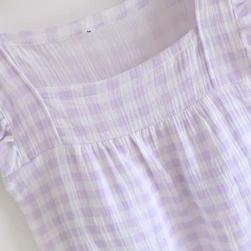 Women's Plaid Pajama Dress Thin Vest Night Wear Plaid Night Gown with Chest Pad Loose Sleep Dress