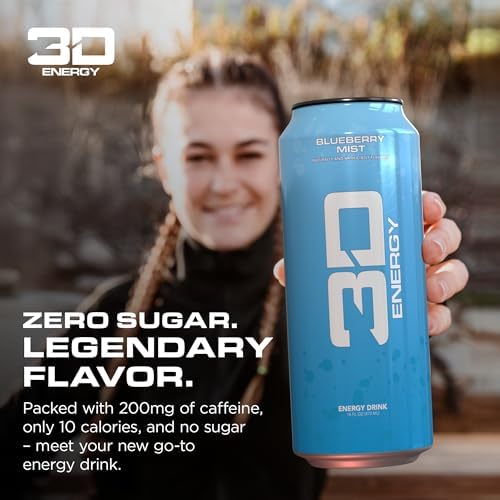 3D Energy Drink – Sugar Free, 200mg Caffeine, Pre Workout, Taurine, L-Carnitine, Lightly Carbonated, 16oz Cans, 12 Pack - Blueberry Mist