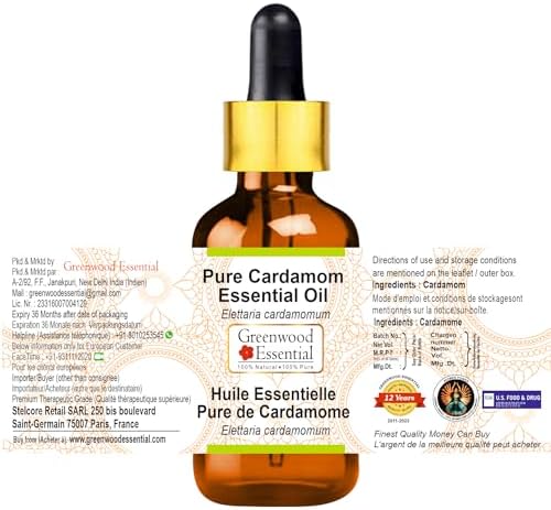 Greenwood Essential Pure Cardamom Essential Oil (Elettaria cardamomum) with Glass Dropper Steam Distilled 10ml (0.33 oz)