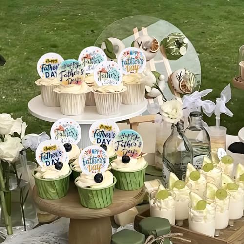 40Pcs Happy Father's Day Edible Cupcake Toppers Circle Father Day Drink Topper for Father's Day Party Decorations Dad Father Birthday Cake Cupcake Decorations Supplies