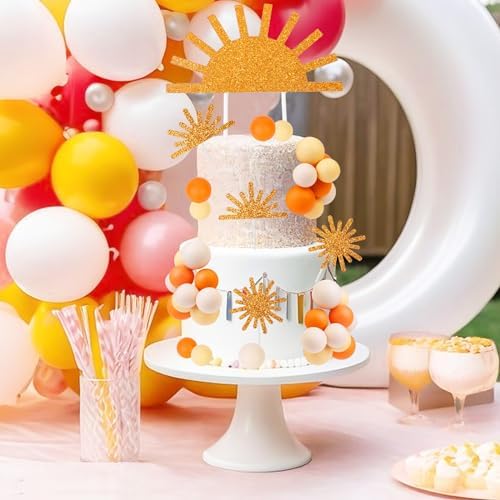 Cheereveal Sun Cake Decorations - Golden Sun Cake Cupcake Toppers Ball Dessert Picks, Sun Theme Birthday Party Baby Shower Celebration Photo Props