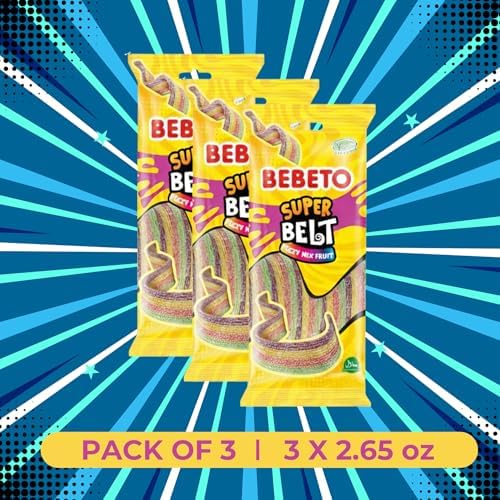 Bebeto Sour Rainbow Belts Candy, Super Belt Mixed Fruit (3 Pack, 2.65 oz / 75g Each) – Soft & Chewy Vegan Sour Belts Candy, by Kervan