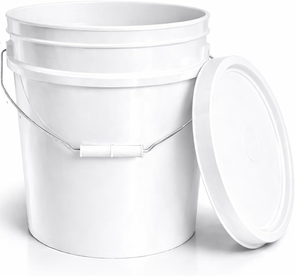 5-Gallon Bucket with Airtight Lid – Made in USA, Food Grade BPA Free Plastic, Heavy Duty Multi-Use, Metal Handle with Grip, Stackable Storage – White, 1 Pack