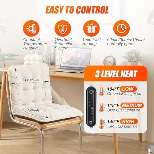 Suchtale Plug-in Heated Seat Cushion, Corduroy Heating Chair Pad with 3 Heat Levels & Timer, Fast-Heating 5V2A Input, Soft Thick Padding for Office, Home & Indoor Seating –White