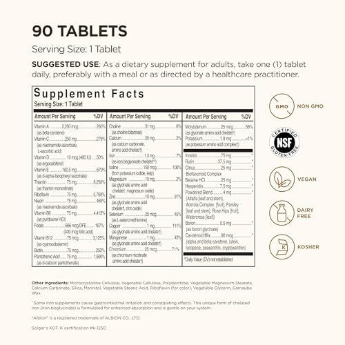 Solgar Formula VM-75, 90 Tablets - Multivitamin with Chelated Minerals - Vitamin A, B6, B12, C, D, E - Biotin, Magnesium, Calcium, Iron, Zinc - Vegan, Gluten Free, Dairy Free, Kosher - 90 Servings