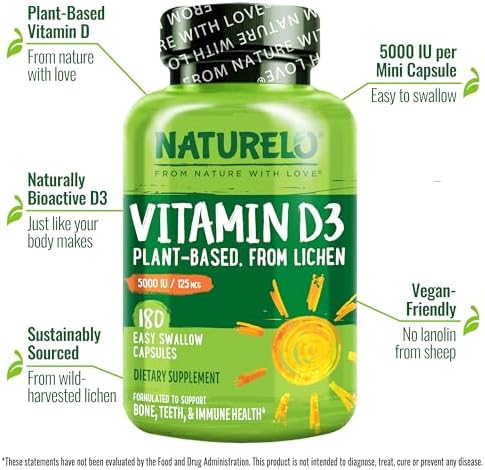 NATURELO Vitamin D - 5000 IU - Plant Based from Lichen - Natural D3 Supplement for Immune System, Bone Support, Joint Health - High Potency - Vegan - Non-GMO - Gluten Free - 180 Capsules