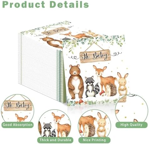 50pcs Woodland Animals Baby Shower Paper Napkins Forest Animals Disposable Napkins Decorative Creature Luncheon Dinner Napkin for Party Supplies Table Decor, 6.5 x 6.5 Inch