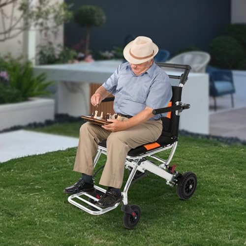 Elderly Folding Wheelchair, Portable Metal Travel Mobility Transport Chair, 352 lb. Load Capacity, with Foldable Pedals, Seat Belt, Hand Brake and Storage Bag, Lightweight Folding Chair