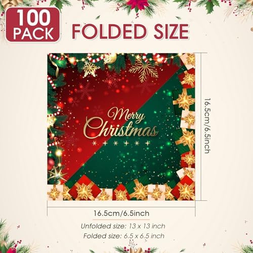 100Pcs Christmas Paper Napkins Red and Green Christmas Party supplies Disposable 2-Ply Holiday themed napkins for Winter Xmas Holiday New Year Family Gathering Party Supplies