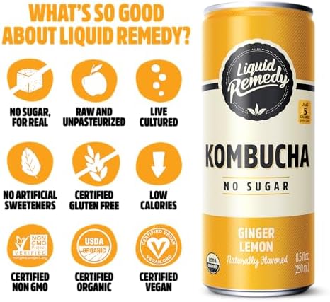 Liquid Remedy Kombucha Sugar Free Organic Drink, Low Calorie, Probiotic Like Tea for Gut Health - Super Sampler Variety Pack - 8.5 Fl Oz Can, 24-Pack