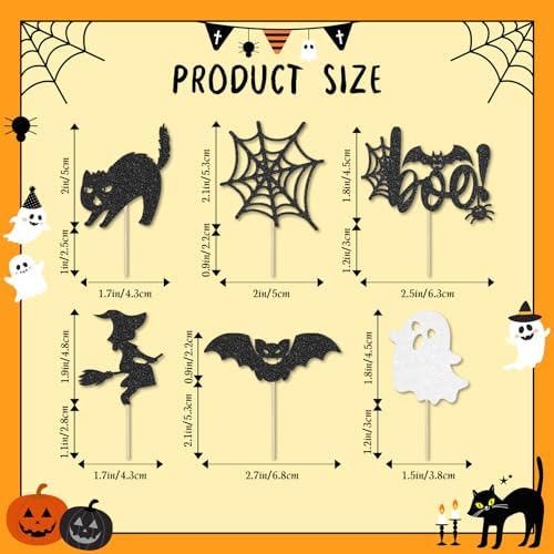 48 Pcs Halloween Cupcake Toppers with Bat, Ghost, Witch - Glitter Cupcake Picks for Cake Decorations and Party Supplies