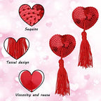 1 Pair Women Reusable Breast Pasties, Heart-Shaped Breast Bra with Sequins Tassel Adhesive Nipple Cover Stickers