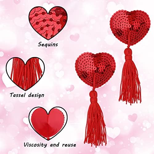 1 Pair Women Reusable Breast Pasties, Heart-Shaped Breast Bra with Sequins Tassel Adhesive Nipple Cover Stickers