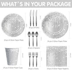 Silver Plates And Napkins Party Supplies - Silver Party Decorations Tableware For Birthday Bridal Shower, Paper Plate, Napkin, Cup, Cutlery, Diamonds Glitter Table Decorations | Serve 24