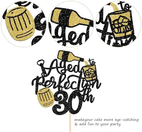 Rsstarxi 1 Pack Aged to Perfection 30th Birthday Cake Topper Glitter Wine 30th Birthday Cake Decoration Cheers to 30th Years Cake Pick for Whisky Theme Husband 30th Birthday Party Decorations