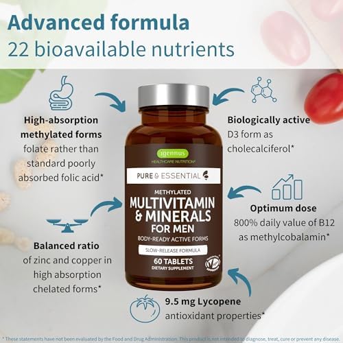 Igennus Methylated Men's Multivitamin with 22 Actives, Added Lycopene for Antioxidant Support, High Potency B12, Sustained Release, Pure & Clean, Non-GMO & Halal, 60 Tablets