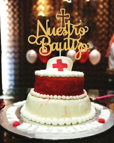 Gold Nuestro Bautizo Cake Topper - Spanish Baptism Glitter Cake Decorations, Mi Bautizo Cake Topper, Baby Shower Party Decoration Supplies