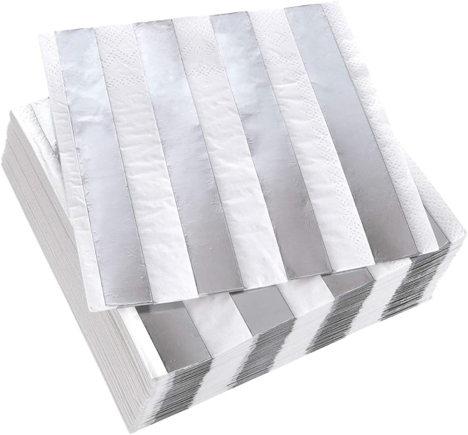 Striped White & Silver Disposable Paper Napkins - 5" x 5" (Pack of 36) - Perfect for Weddings, Parties & Special Occasions