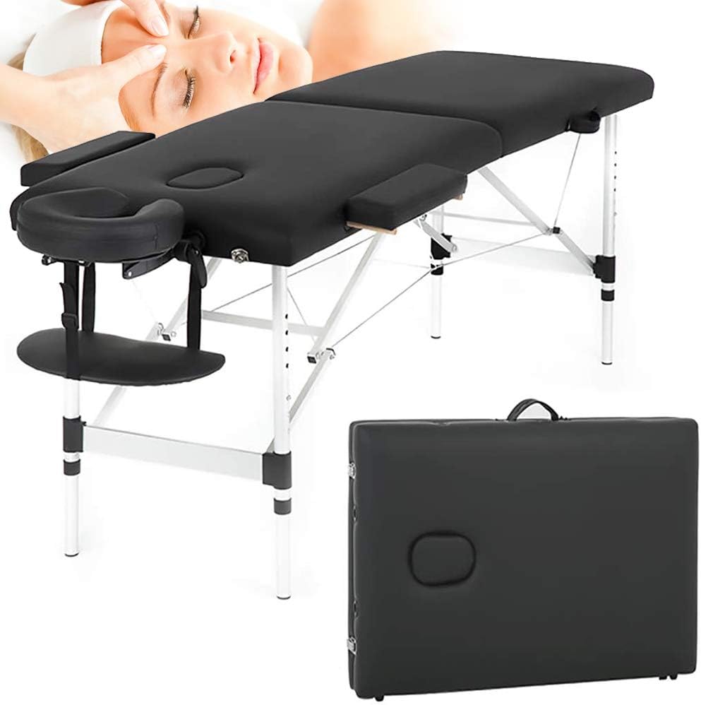 Dkeli Massage Table Foldable 73 Inch Massage Bed Portable Adjustable 2 Fold Salon Bed with Aluminium Legs, Face Cradle, Carry Case Tattoo Table Facial Table Hold Up to 450LBS, Black