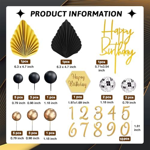 37Pcs Gold Black Balls Cake Topper Man Cake Decorations with Disco Balls Palm Leaves Acrylic Numbers 0-9 and Happy Birthday Cake Topper for Men Boy Black Theme Birthday Baby Shower Party Supplies