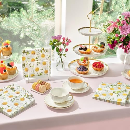100 Pack Decorative Daisy Floral Pattern Paper Napkin, 2-Ply, 6.5x6.5”, Napkins for Garden Bridal Shower, Tea Party, Wedding & Decorative Party Supplies