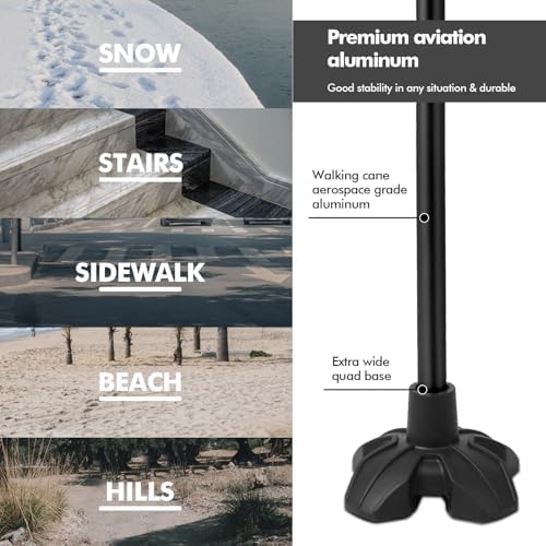 KINGGEAR F1 Walking Stick, Walking Cane for Women & Men, Self Standing Walkers for Seniors with Wrist Strap, Lightweight & Sturdy Offset EVA Handle and Large Quad Base