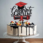 Congrats Grad Cake Toppers - Graduation Party Decorations Ideas - 2025 Graduation Decorations-High School College GraduationParty Supplies (Black red)