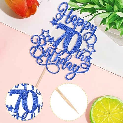 1 PCS Happy 70th Birthday Cake Topper Glitter Cheers to 70 Years Birthday Cake Pick Hello 70 Fabulous Cake Decoration for Happy 70th Birthday Anniversary Party Decorations Supplies Blue