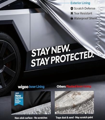 Wigoo Tesla Cybertruck Car Cover Accessories 2024-2026, Custom Fit Waterproof All Weather Outdoor Truck Cover, Windproof UV Rain Snow Dust Protection, Breathable Design, Paint-Safe Lining, Door Zipper