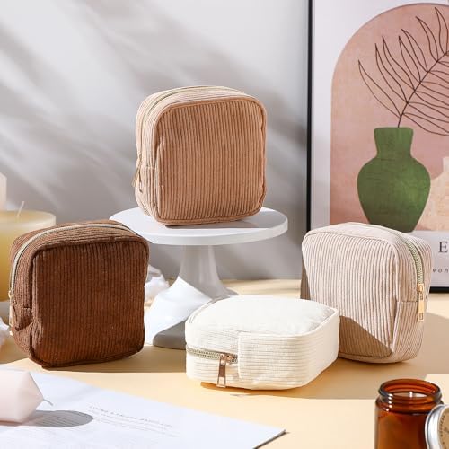 Dansydaisy 4 Pcs Sanitary Napkin Storage Bag Corduroy Period Bag for School Teen Mini Makeup Preppy Cosmetic Wallet Set for Women Teacher Portable First Period Cute Pad Pouch with Zipper