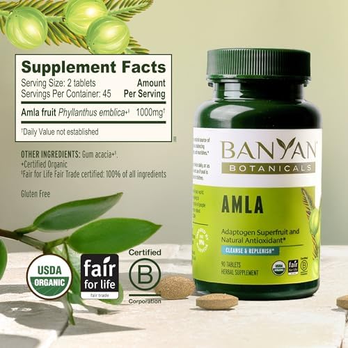Banyan Botanicals Organic Amla Tablets - Natural Vitamin C for Collagen Support & Immune Health - Amalaki Indian Gooseberry for Glowing Skin, Hair & Healthy Digestion - 90 Tablets - Non-GMO, Vegan*