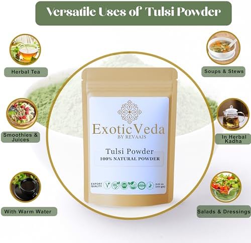 Tulsi Powder (Holy Basil) 100g (3.53oz) | 100% Pure & Natural | Non-GMO, Vegan, Gluten-Free | No Preservatives | Perfect for Teas, Smoothies, Juices, Cooking, Hair Masks & Skin Care