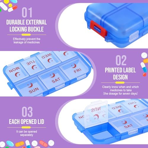 4 Pack 14 Grids Travel Pill Organizer with Printed Labels 2 Times a Day Pill Organizer Foldable Travel Medicine Kit Am Pm Weekly Medicine Box for Vitamin Fish Oil Supplement Storage