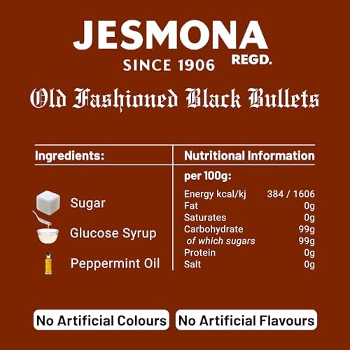 Jesmona Old Fashioned Black Bullets 250g (8.8 Oz) - Mint Flavored British Hard Candy Gift Tin, Peppermint Balls English Boiled Sweets, Travel Sweet & Imported Confectionery Treat from England, UK