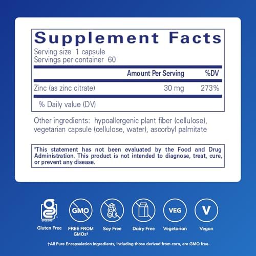 Pure Encapsulations Zinc (Citrate) - for Immune System, Tissue Development & Metabolism* - Mineral Supplement with Enzymes - Highly Absorbable Zinc - Vegan & Non-GMO - 60 Capsules