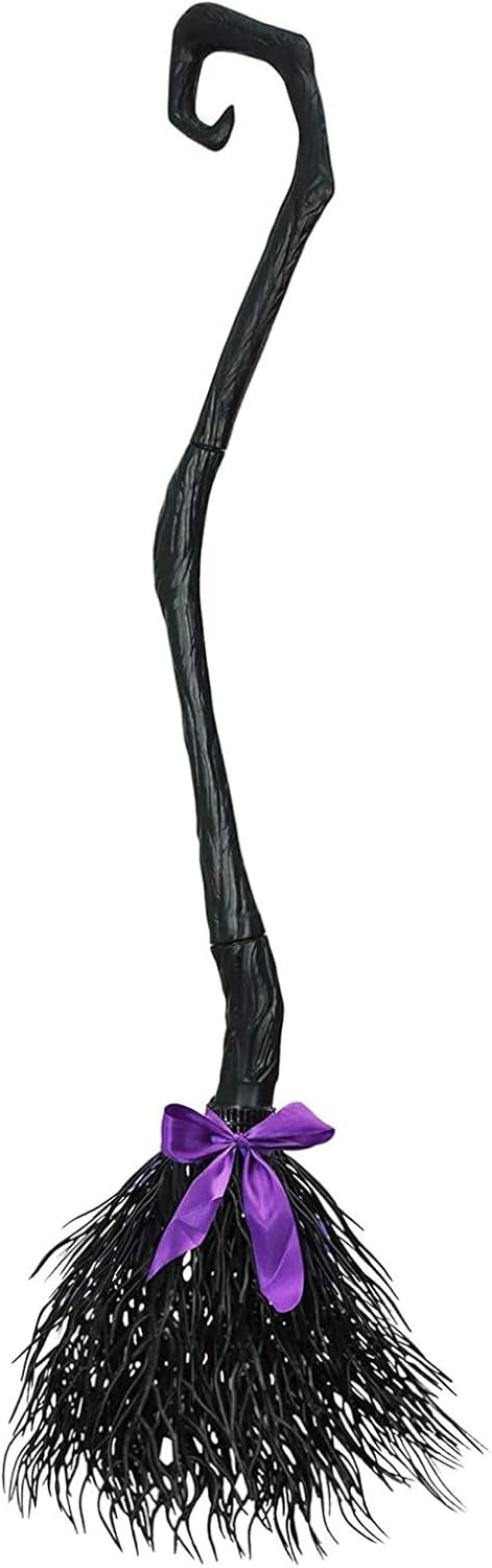 Witch Broom with Ribbon, Halloween Decoration Party Favor Photo Booth Accessories (Black, 130cm*25cm)