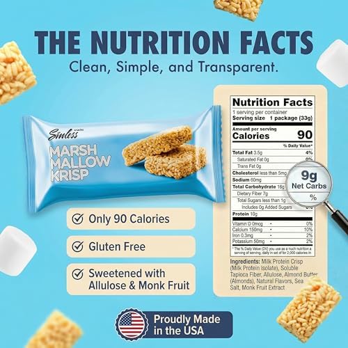 Sinless Snacks Delicious Marshmallow Krisp Bar - Low Carb Keto Snack - 10g Protein 2g Net Carbs - New Improved Recipe, More Soft & Chewy - Gluten Free, Low Sugar, Perfect Snack for the Family - 8 Bars