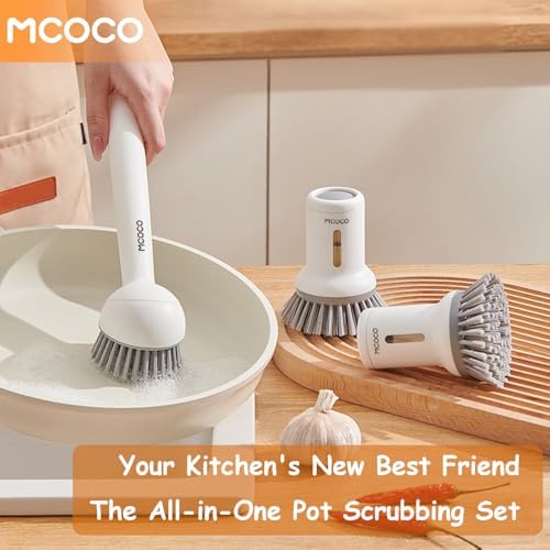 Dish Brush Set with Soap Dispensing Palm Brush Dish Scrub Brush with Soap Dispenser Palm Dish Brush Kitchen Cleaning Brush with Ergonomic Long Handle for Cleaning Sink, Pot, Pan, Stove, Yellow