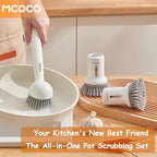 Dish Brush Set with Soap Dispensing Palm Brush Dish Scrub Brush with Soap Dispenser Palm Dish Brush Kitchen Cleaning Brush with Ergonomic Long Handle for Cleaning Sink, Pot, Pan, Stove, Yellow