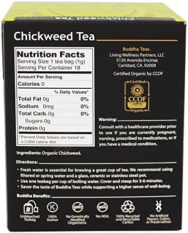 Buddha Teas Organic Chickweed Tea - OU Kosher, USDA Organic, CCOF Organic, 18 Bleach-Free Tea Bags