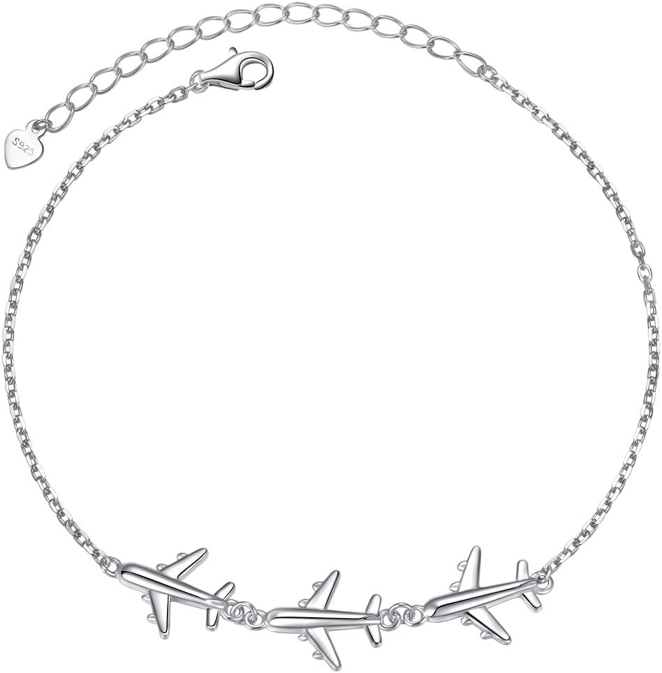 FLYOW Three Airplane Bracelet Hypoallergenic Charm Bracelets Silver for Women Lady Adjustable 7+2 Inches Graduation Birthday Gifts