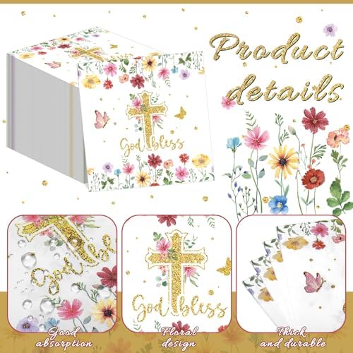 Nuanchu 50 Pcs Baptism Napkins God Bless Napkins Christening Party Decorations First Holy Communion Cross Religious Paper Supplies for Religious Holiday Dinner Party Decorations