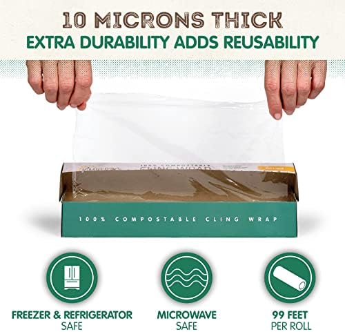 KC’s Compostable Cling Wrap – 99 ft × 12 in Roll, Extra-Thick 10 μm Plant-Based Film – Certified ASTM D6400 & OK Compost HOME – Microwave, Freezer & Refrigerator Safe