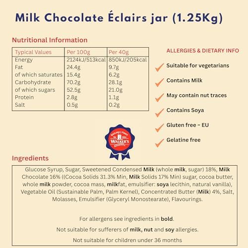 Walkers Nonsuch English Milk Chocolate Toffee Eclairs Jar, Whole Milk & Butter Toffee Sweets – Traditional British Chewy Candy Gift, Gluten Free, Imported from UK, 44.09 oz (1.25 kg)