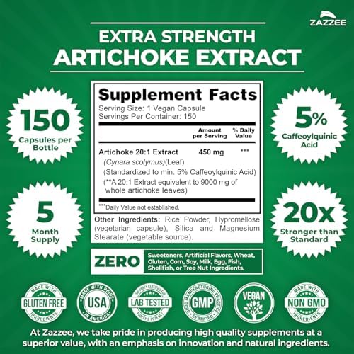 Zazzee Extra Strength Artichoke 20:1 Extract, 5% Caffeoylquinic Acid, 150 Vegan Capsules, 5 Month Supply, Cynara Scolymus, Digestive & Liver Detox Support, Herbal Supplement, Non-GMO, Made in the USA