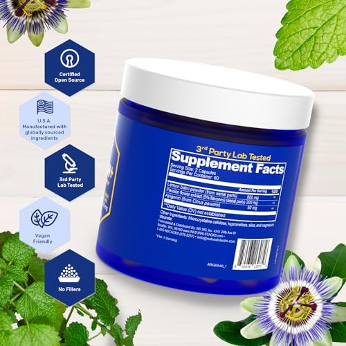 NATURAL STACKS Apigenin Supplement for Sleep - 50mg Apigenin & 600mg Lemon Balm - Melatonin Free Sleep Aid - with Passion Flower Extract for Stress Support* - 120 Lemon Balm Capsules